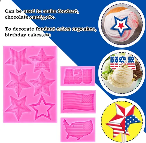 Miniatura 4 de Whaline 4 moldes de silicona para el Día de la Independencia del 4 de julio, molde patriótico 3D para fondant con patrón de bandera estadounidense