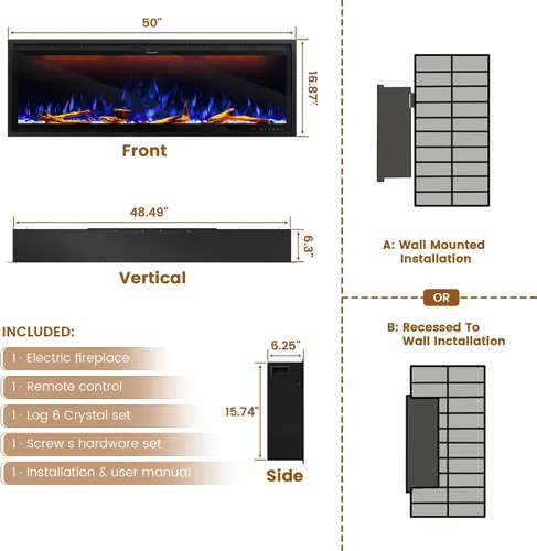 Miniatura 7 de Clihome Calentador eléctrico de chimenea de 50 pulgadas con chimenea LED Wi-Fi para montaje en pared/chimenea eléctrica empotrada con cristales