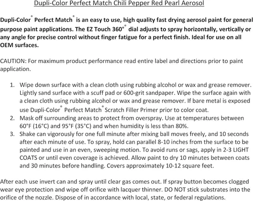 Miniatura 6 de Dupli-Color EBCC04247 Perfect Match - Pintura en aerosol automotriz – Chrysler Chili Pepper Red Pearl, PEA/VEA – 8 oz. Lata de aerosol Rojo