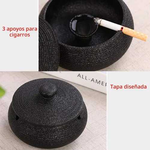 Miniatura 4 de Lependor Cenicero de cerámica con tapas, a prueba de viento, para uso en interiores o exteriores, soporte para cenizas para fumadores, para Negro