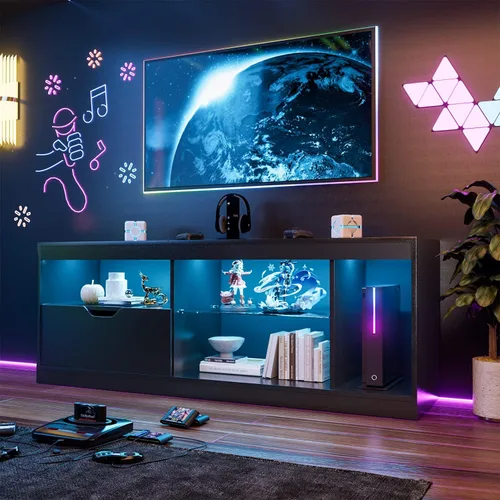 YESHOMY Moderno soporte de TV LED para televisores de hasta 65 pulgadas con estantes y cajones de vidrio, centro de entretenimiento para juegos con