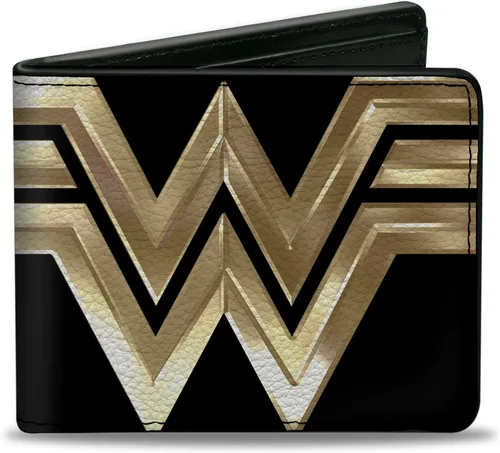 Buckle-Down Billetera de DC Comics para hombre, plegable, Wonder Woman 1984 WW Logo Close Up Black Golds, cuero vegano, 4.0 x 3.5 pulgadas, Mujer