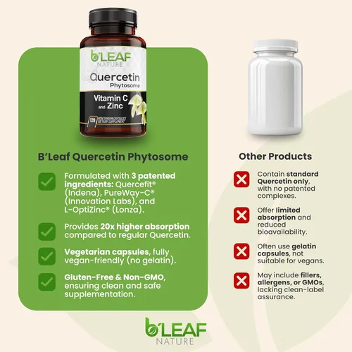 Miniatura 5 de B'LEAF NATURE Fitosoma de quercetina, 120 cápsulas – 1000 mg de quercetina de alta absorción con vitamina C y zinc – Suplemento de quercetina