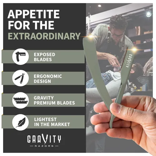 Miniatura 3 de Kit de navaja de afeitar recta profesional GRAVITY RAZORS – Ultra Exposición, incluye 10 hojas premium, 2mm expuestas, menta