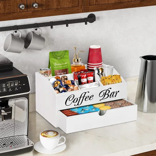 Miniatura 2 de Organizador de barra de café, accesorios de barra de madera con cajón, organizador de estación de café, cesta de almacenamiento, estación