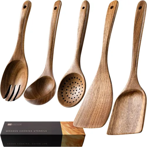 Miniatura 12 de Cucharas de madera para cocinar, juego de utensilios de cocina antiadherentes con 9 espátulas de madera de acacia y cucharas para cocinar, excelente