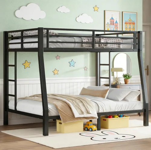 Miniatura 26 de Bellemave - Litera de cama individual XL sobre queen de metal resistente para adultos, color negro
