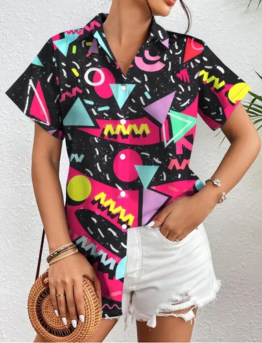 Miniatura 2 de Trajes de los años 80 para mujer, camisa de neón de los años 80 y 90, camisa retro para fiesta temática de discoteca, camisa hawaiana con botones