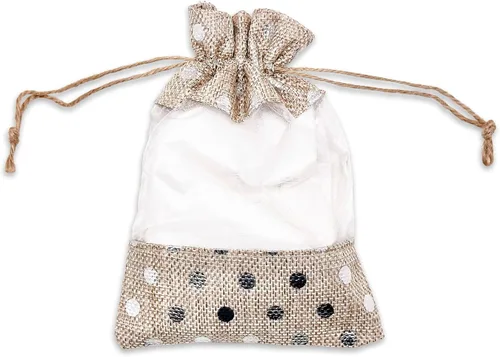 Miniatura 2 de Paquete de 12 bolsas de regalo medianas de lino, arpillera y organza con cordones (5x7 pulgadas, beige / lunares plateados) - Recuerdos de fiesta