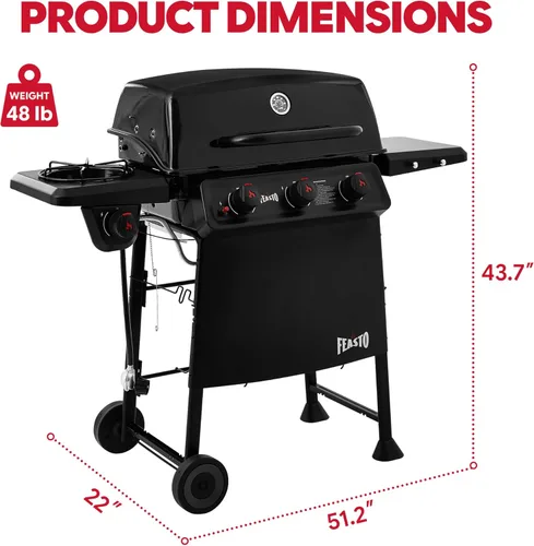 Miniatura 3 de Feasto Parrilla de gas propano de 3 quemadores con quemador lateral, cuerpo principal y tapa esmaltados de porcelana, parrilla de barbacoa