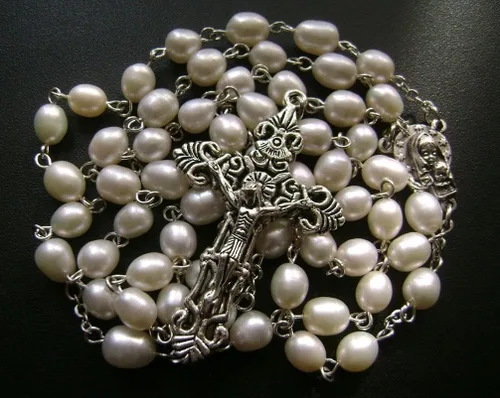 Miniatura 4 de elegantmedical Hecho a mano AAA 8-9MM perla natural perlas rosas rosario crucifijo Jesús cruz católica collar caja, Metal