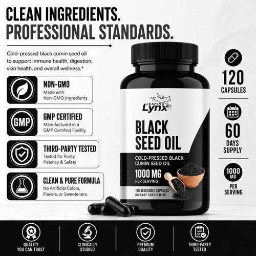Miniatura 5 de Leaping Lynx Aceite de semilla negra de 1000 mg – Cápsulas blandas de Nigella Sativa prensadas en frío para la salud inmunológica, del corazón