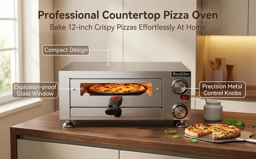Miniatura 5 de Horno eléctrico para pizza en interiores, máquina de pizza de encimera de 12 pulgadas con ventana de visión, horno de pizza comercial de acero