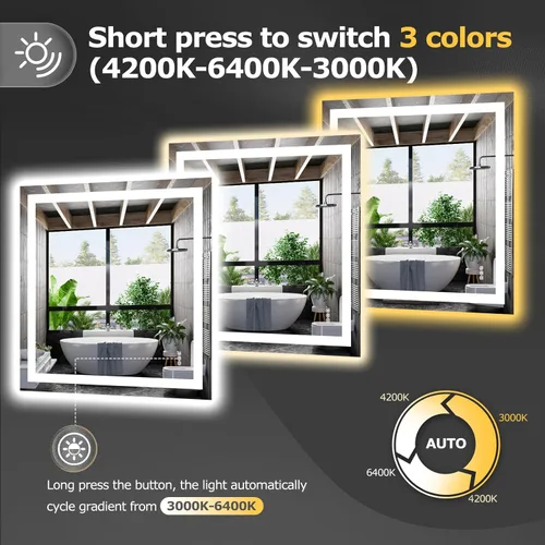Miniatura 4 de Hivone 36x36 Espejo de baño LED con luces, antiempañamiento, regulable, retroiluminado + iluminación frontal, espejo de tocador de baño inteligente
