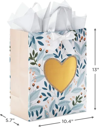 Miniatura 3 de Hallmark Bolsa de regalo grande de 13 pulgadas con papel de seda (follaje verde, corazón dorado) para bodas, compromisos, aniversarios, despedidas