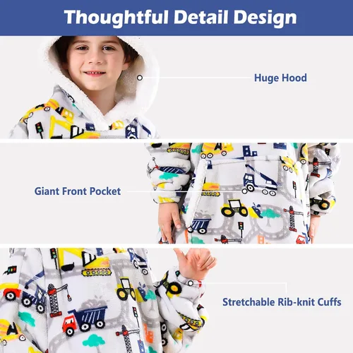 Miniatura 4 de Sudadera Manta, Manta Vestible de Vellón Sherpa para Niños, Manta con Capucha de Franela Afelpada, Regalo de Sudadera con Bolsillo Gigante