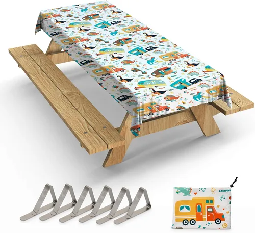 Mantel de camping extra grueso con clips y bolsa de almacenamiento, mantel de picnic, se adapta a mesas de picnic de 4 a 8 pies, poliéster, lavable