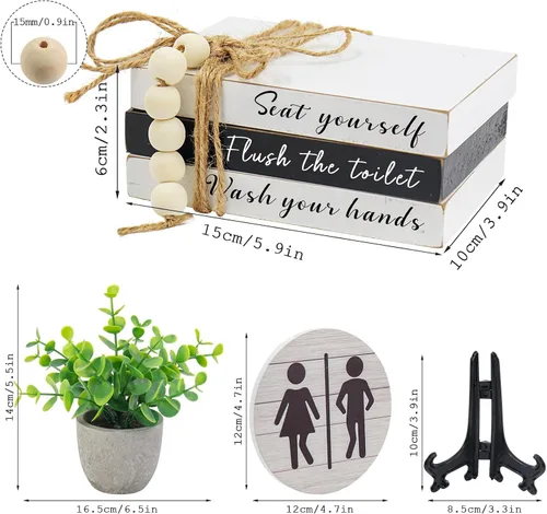 Miniatura 2 de Letreros Decorativos para Estante de Baño, Pila de Libros y Letreros Redondos 3D con Plantas Falsas, Divertida Decoración de Madera para Estante