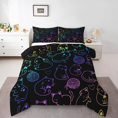 Miniatura 30 de Erosebridal Lindo juego de edredón de gato, tamaño individual, kawaii, fresa, juego de ropa de cama para niñas, diseño de arco iris, edredón rosa