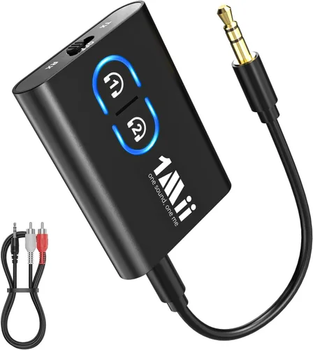 1Mii Receptor transmisor Bluetooth 5.3 para TV a auriculares inalámbricos, doble enlace aptX adaptativo/baja latencia/audio HD, adaptador auxiliar