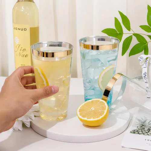 Miniatura 4 de DaYammi Paquete de 100 vasos de plástico dorados de 16 onzas, elegantes vasos de plástico transparente con borde dorado, desechables, copas de vino