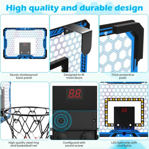 Miniatura 6 de Indoor Basketball Hoop for Kids, Over The Door Mini Basketball Hoop Set with LED Lights, Scoreboard, 4 Balls & Sound Effects - Indoor Toys Gift for
