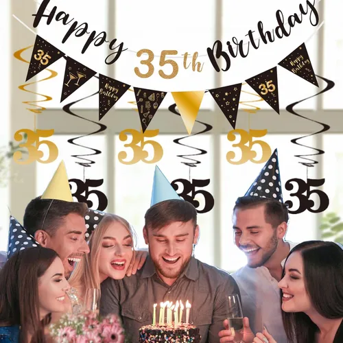 Miniatura 4 de BRT Bearingshui Kit de decoración de cumpleaños de 35 años para hombres y mujeres, pancarta de feliz cumpleaños 35, serpentinas de remolinos