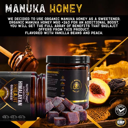 Miniatura 4 de NutroTonic® Gomitas Shilajit orgánicas del Himalaya – Sabor a vainilla de melocotón – Shilajit para hombres y mujeres – Miel de Manuka artesanal