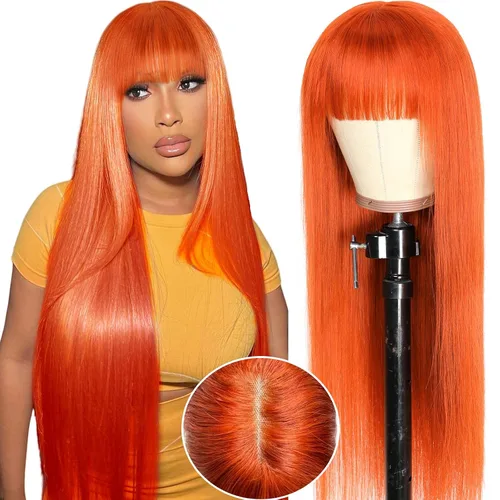 Miniatura 19 de Straight Human Hair Wigs with Bangs 180% Density 2x4 Lace Front Wigs with Bangs Closure Wear and Go Glueless Wigs 100% Brazilian Virgin Human Hair