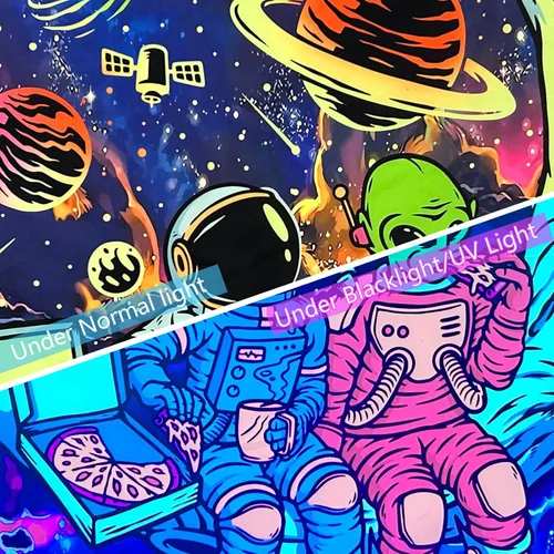 Miniatura 4 de Tapiz de luz negra de astronauta para hombres, póster de alienígena con luz negra para adolescentes y niños, divertido tapiz de pared de galaxia