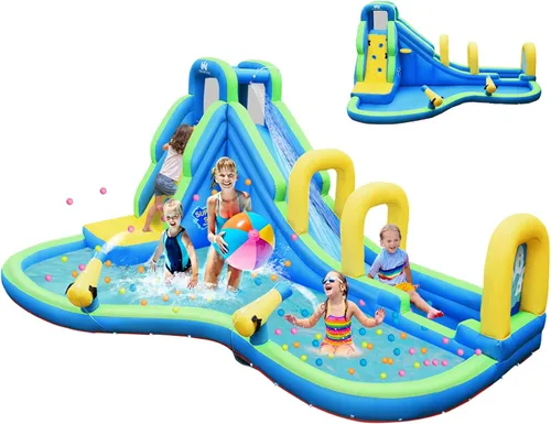 HONEY JOY Tobogán acuático inflable, parque acuático 5 en 1, castillo, casa hinchable con cañones de agua, tobogán largo con arco, tobogán acuático