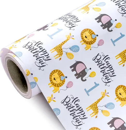 WRAPAHOLIC Papel de regalo de primer cumpleaños, mini rollo, 17 pulgadas x 9.8 pies, bonito papel de regalo de animales para niños, niñas, niños,