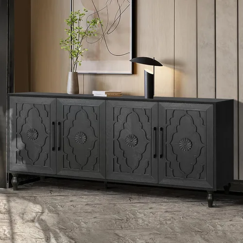 Miniatura 3 de YOPTO Aparador de almacenamiento de madera con tres puertas de vidrio templado y estante ajustable, armario de buffet grande con puerta de flores