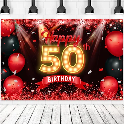 Cartel de feliz cumpleaños 50 años, fondo rojo y negro, decoraciones de cumpleaños para mujeres y hombres de 50 años, artículos de fotografía para