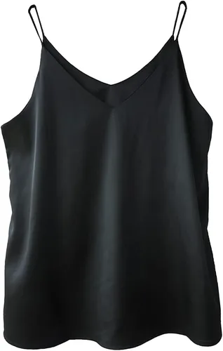 Wantschun - Camisola de satén de seda para mujer, camiseta, blusa, cuello en V, tirantes de tipo espagueti, XXS-4XL