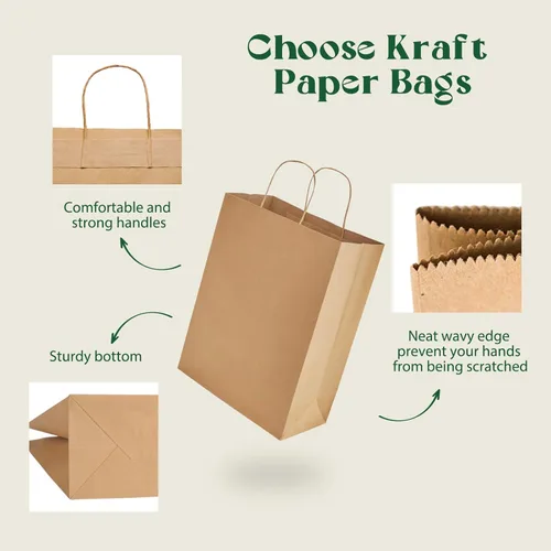 Miniatura 4 de MESHA Bolsas de papel kraft marrón de 10 x 5 x 13 pulgadas, 100 unidades, bolsas de regalo grandes con asas a granel, bolsa de compras reutilizable