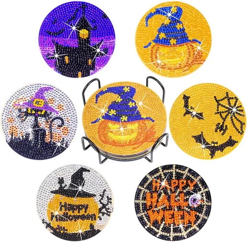 Praise V Do Juego de 6 posavasos de pintura de diamante con soporte de base de corcho, posavasos de calabaza de Halloween, kit de pintura de