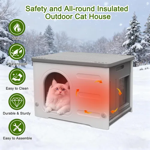 Miniatura 5 de Casa impermeable para gatos al aire libre, casa de plástico para gatos con puerta de escape y alfombrilla suave, refugio grande para gatos