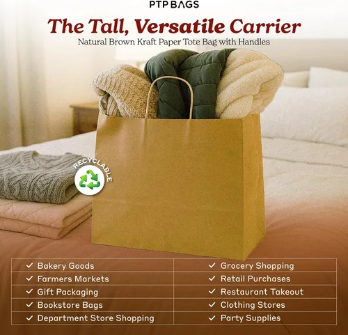 Miniatura 2 de PTP BAGS Bolsas de papel kraft de 5.75 x 3.25 x 8.3 pulgadas, bolsa reciclable de 100 GSM con asas reforzadas para recuerdos de fiesta, joyas
