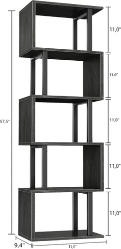 Miniatura 3 de Furologee Estantería de 6 niveles, estantería geométrica alta, estantería industrial en forma de S, estante de pie decorativo de metal y madera