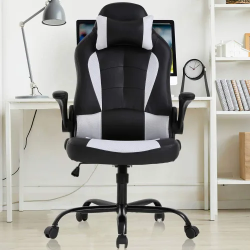 Miniatura 13 de Silla ergonómica para videojuegos, silla de escritorio de oficina con respaldo alto y soporte lumbar ajustable, reposabrazos abatibles y Negro