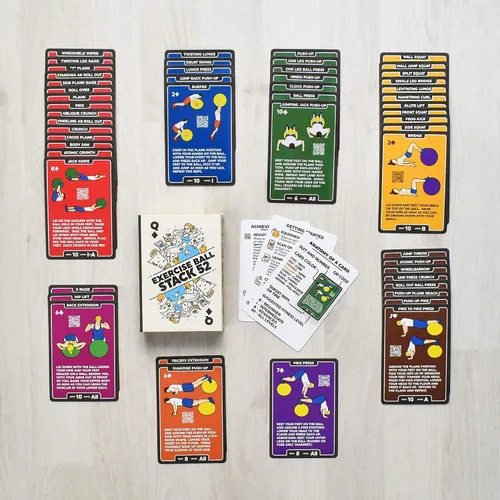 Miniatura 4 de Stack 52 - Tarjetas de ejercicio, diseño de bola Juego de cartas de entrenamiento con bola suiza. Instrucciones de vídeo incluidas. Programa