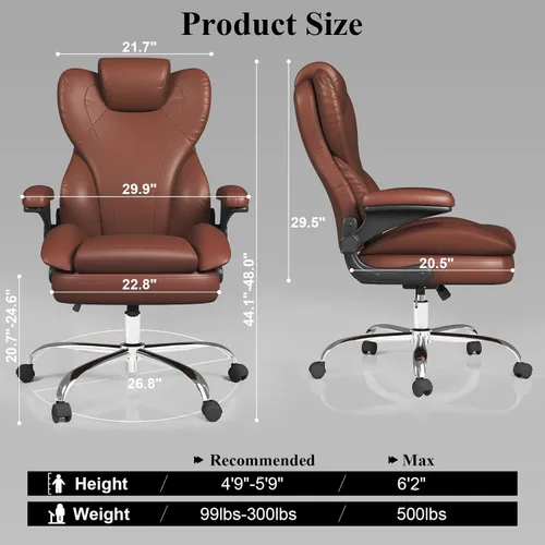Miniatura 3 de Silla de escritorio de oficina, silla de oficina ejecutiva de cuero, silla de escritorio ergonómica de respaldo alto con brazos abatibles Marrón