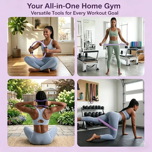 Miniatura 5 de Kit de equipo de pilates para el hogar: incluye un anillo de pilates de 14 pulgadas, una bola de pilates de 9.8 pulgadas, 5 bandas de resistencia