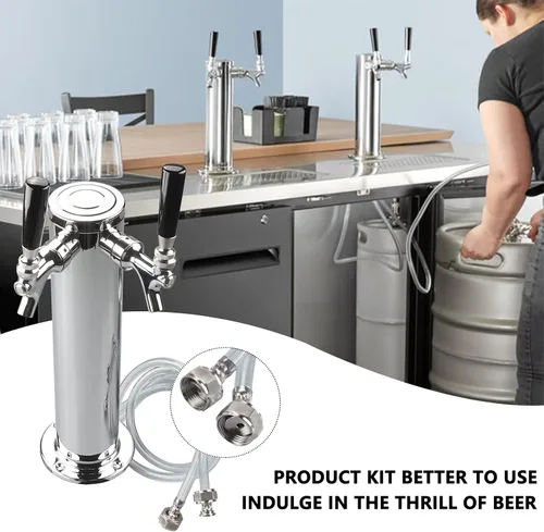 Miniatura 5 de PERA Torre de cerveza de doble grifo, dispensador de barril de cerveza de acero inoxidable de 3 pulgadas de diámetro con llave y línea de cerveza