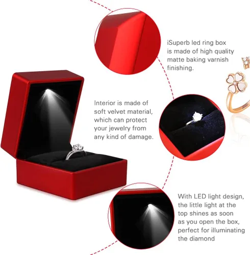 Miniatura 4 de iSuperb 2 cajas de anillo LED iluminadas para propuestas, compromisos, bodas, regalos (2 unidades, rojo)