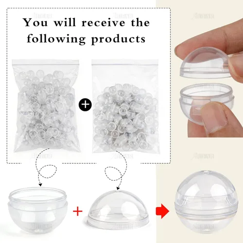 Miniatura 5 de AUEAR, Paquete de 50 cápsulas redondas pequeñas translúcidas de 2 pulgadas, envases vacíos de plástico para chicles para premios de fiesta