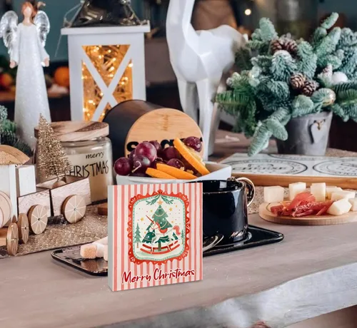 Miniatura 5 de KEUSPI Cartel de madera rústica rosa con texto en inglés "Merry Christmas", decoración de escritorio de Navidad preparada, árbol de Navidad, caballo