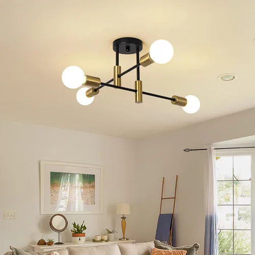Miniatura 8 de Garwarm Paquete de 2 lámparas de techo Sputnik de montaje industrial semiempotrado de 4 luces, lámpara Sputnik moderna negra y dorada para porche