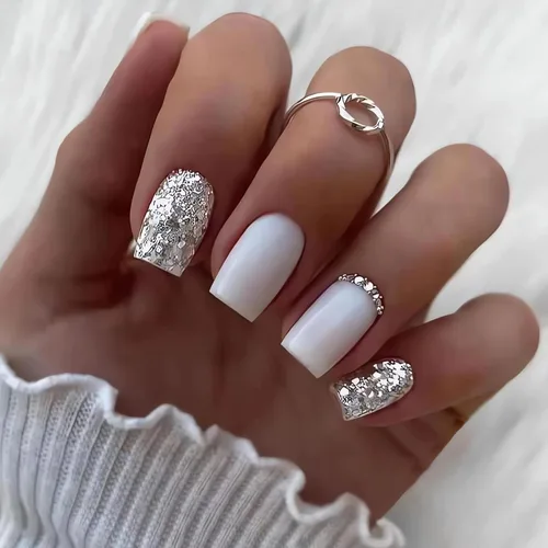 Miniatura 20 de Uñas postizas a presión de otoño con diseño de hoja de arce cortas y cuadradas en estilo francés con degradado - Lindas uñas acrílicas brillantes